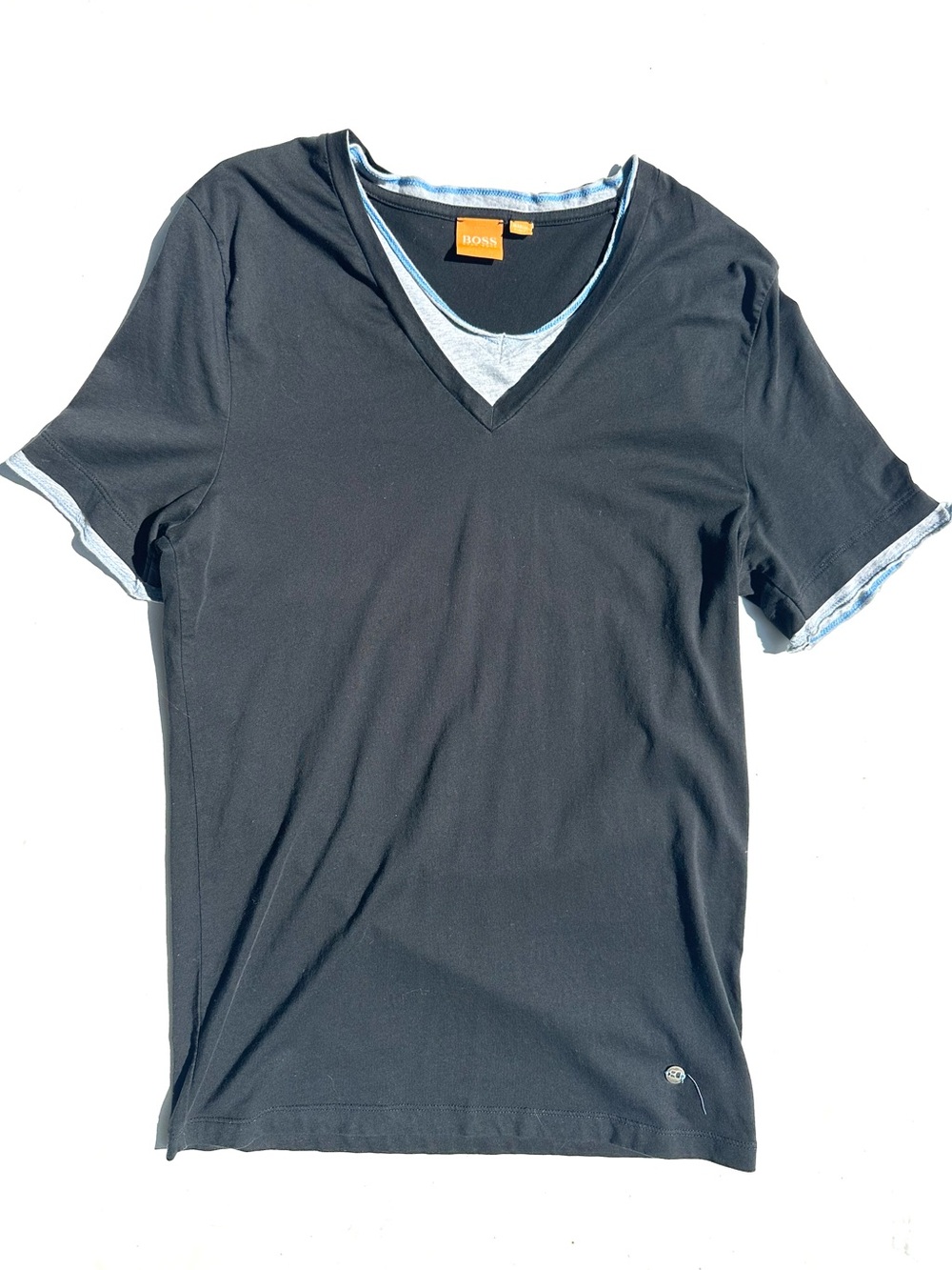 BOSS Men's V-Neck Layered Cotton T-Shirt, Black Blue Gray, S